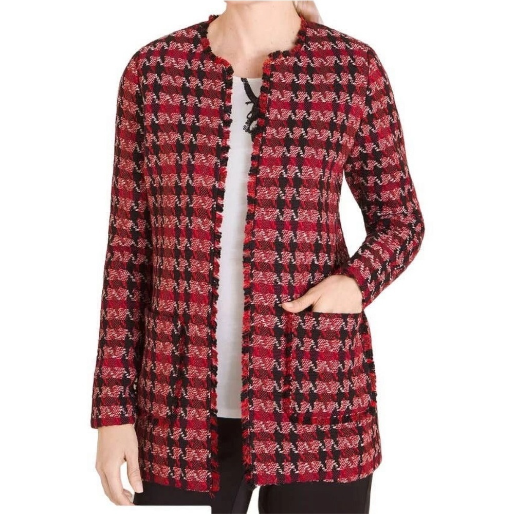 Chicos Petite Tweed Open-Front Jacket Black/Red Print Size 3 (XL)